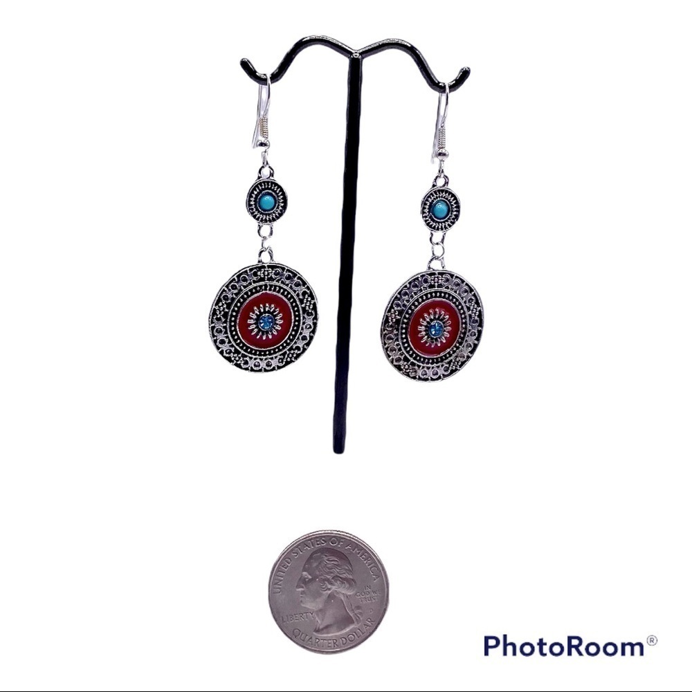 Bohemian Red Dangle Earrings with Blue Rhinestones - Picture 2 of 4